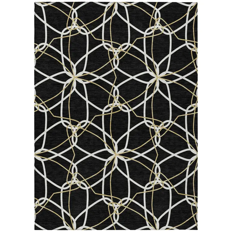 3' X 5' Black And Ivory Geometric Washable Indoor Outdoor Area Rug