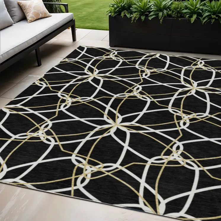 5' X 8' Black And Ivory Geometric Washable Indoor Outdoor Area Rug