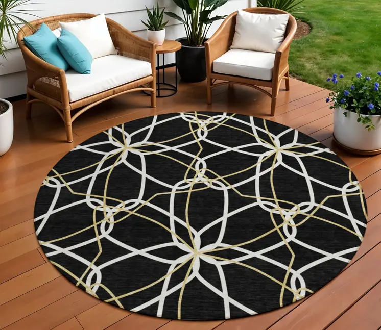 8' Black And Ivory Round Geometric Washable Indoor Outdoor Area Rug