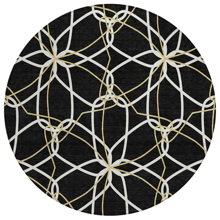 8' Black And Ivory Round Geometric Washable Indoor Outdoor Area Rug