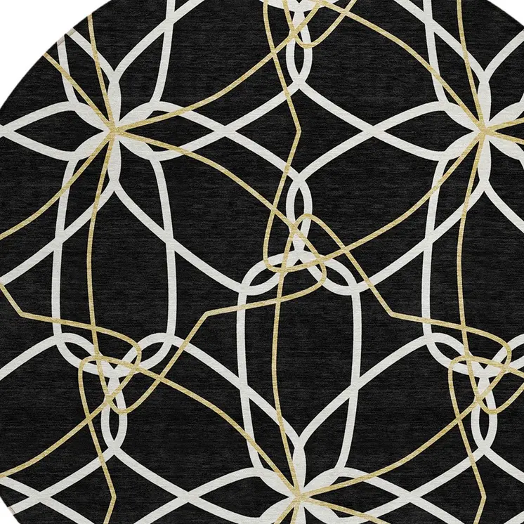 8' Black And Ivory Round Geometric Washable Indoor Outdoor Area Rug
