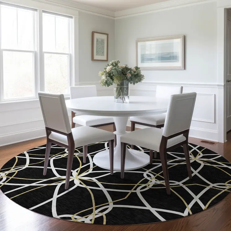 8' Black And Ivory Round Geometric Washable Indoor Outdoor Area Rug
