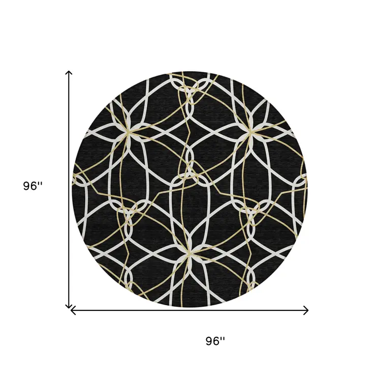 8' Black And Ivory Round Geometric Washable Indoor Outdoor Area Rug