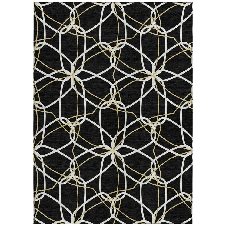 9' X 12' Black And Ivory Geometric Washable Indoor Outdoor Area Rug