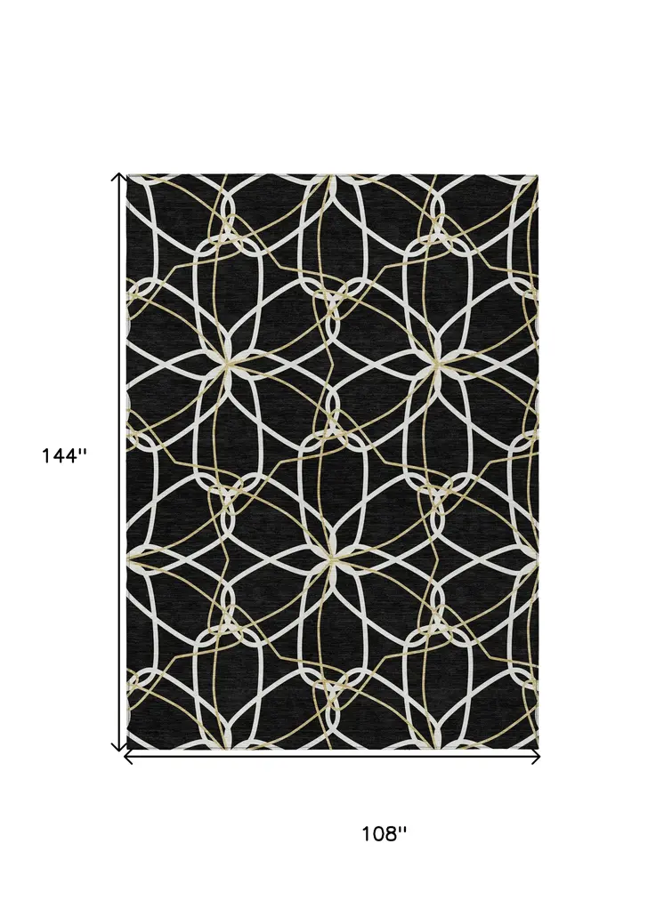 9' X 12' Black And Ivory Geometric Washable Indoor Outdoor Area Rug