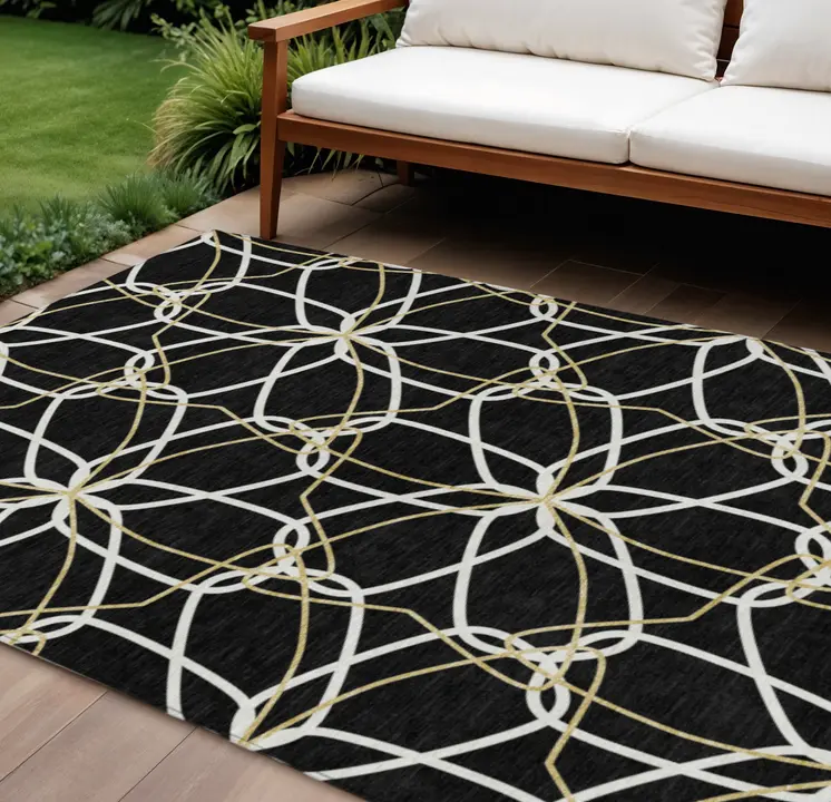 9' X 12' Black And Ivory Geometric Washable Indoor Outdoor Area Rug