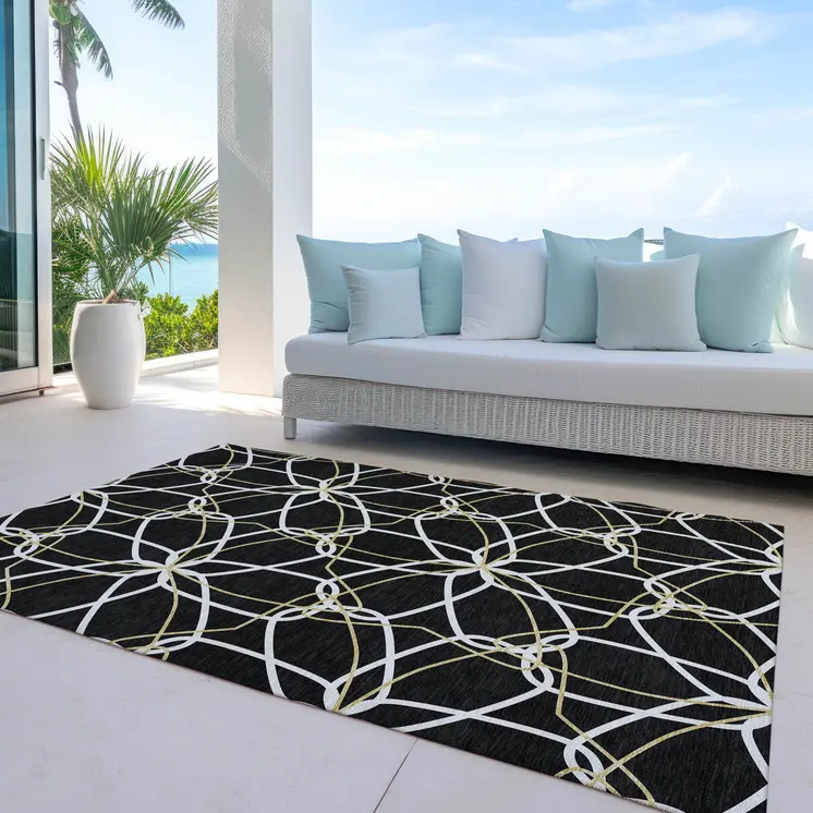 9' X 12' Black And Ivory Geometric Washable Indoor Outdoor Area Rug