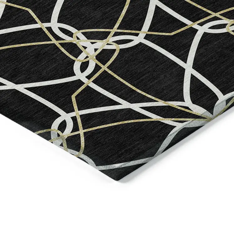 9' X 12' Black And Ivory Geometric Washable Indoor Outdoor Area Rug