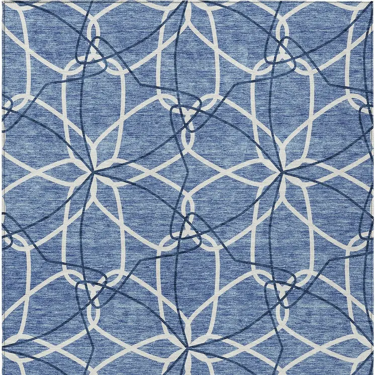 3' X 5' Denim Blue And Ivory Geometric Washable Indoor Outdoor Area Rug