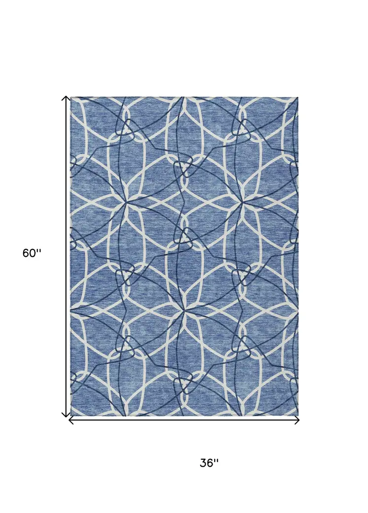 3' X 5' Denim Blue And Ivory Geometric Washable Indoor Outdoor Area Rug