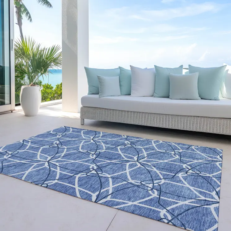 3' X 5' Denim Blue And Ivory Geometric Washable Indoor Outdoor Area Rug