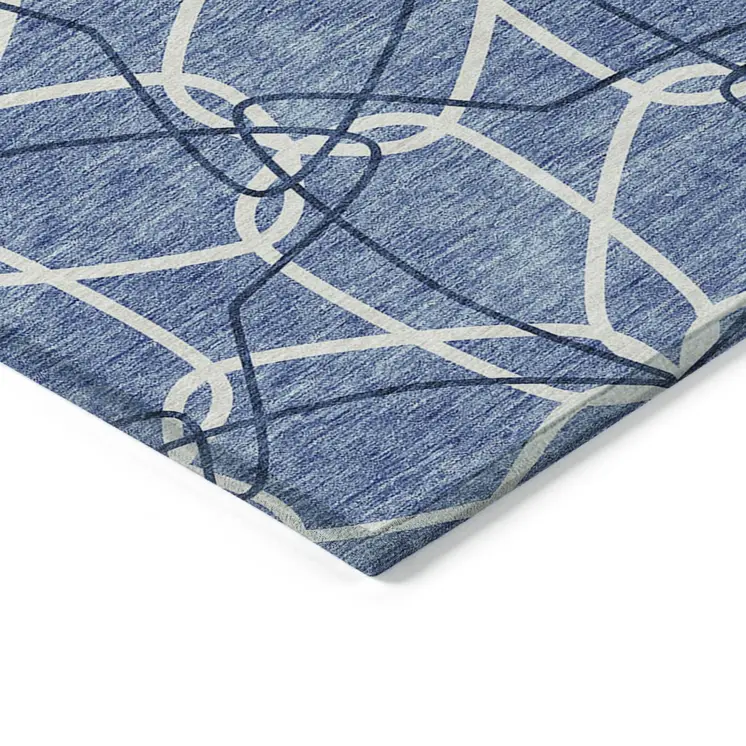 3' X 5' Denim Blue And Ivory Geometric Washable Indoor Outdoor Area Rug