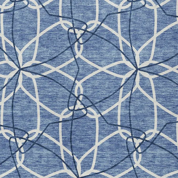 3' X 5' Denim Blue And Ivory Geometric Washable Indoor Outdoor Area Rug