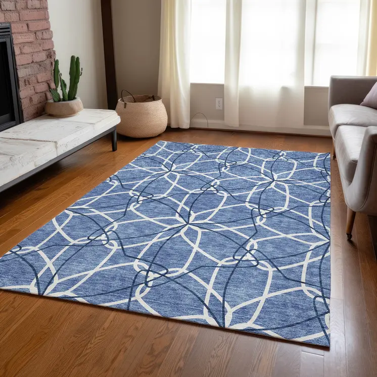 3' X 5' Denim Blue And Ivory Geometric Washable Indoor Outdoor Area Rug