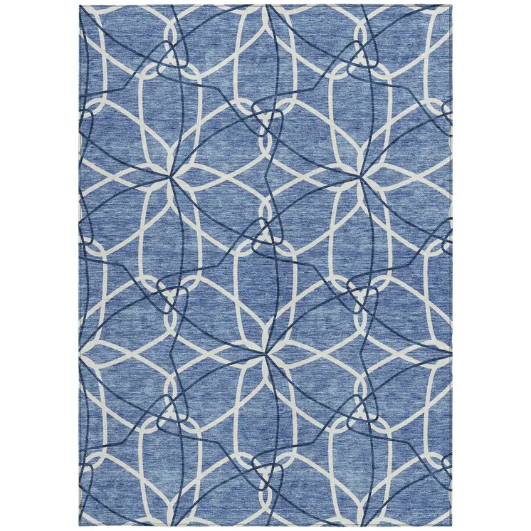 5' X 8' Denim Blue And Ivory Geometric Washable Indoor Outdoor Area Rug
