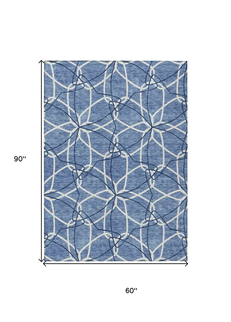5' X 8' Denim Blue And Ivory Geometric Washable Indoor Outdoor Area Rug