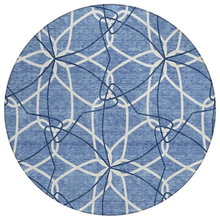 8' Denim Blue And Ivory Round Geometric Washable Indoor Outdoor Area Rug