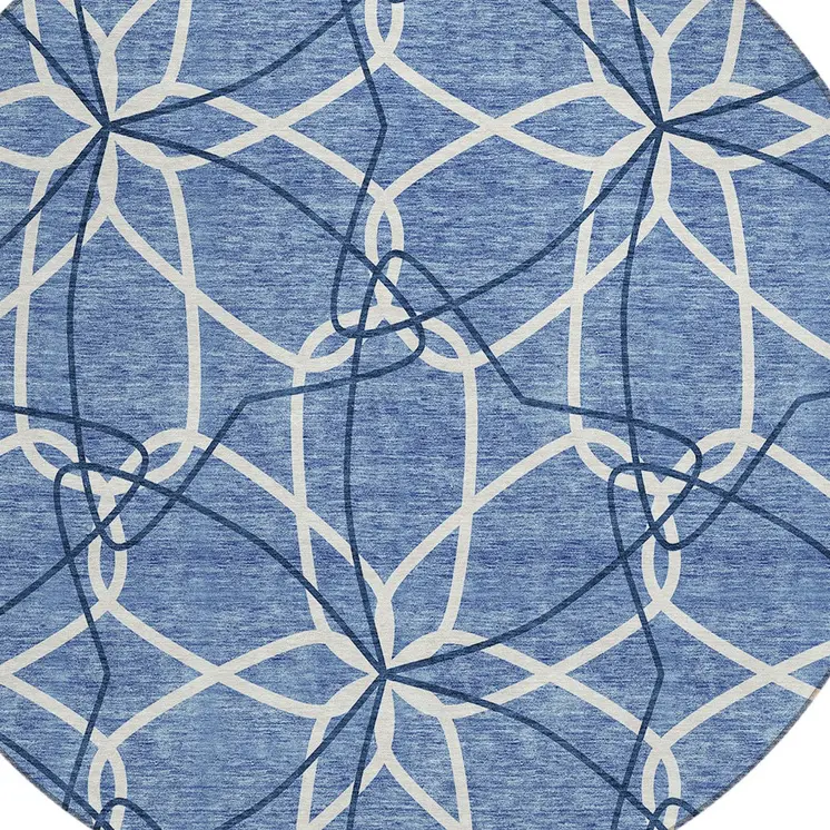 8' Denim Blue And Ivory Round Geometric Washable Indoor Outdoor Area Rug