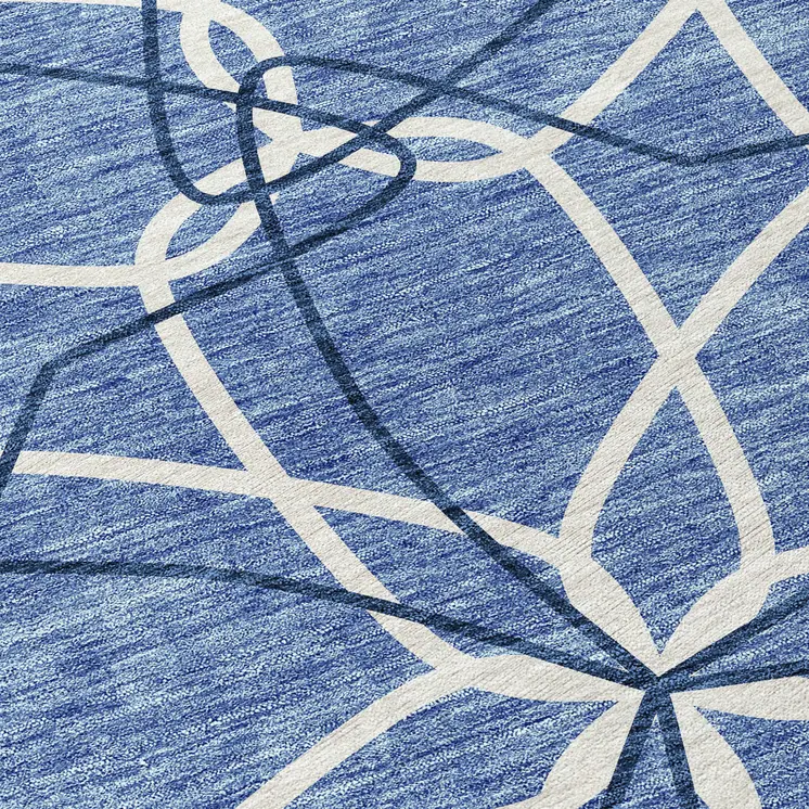 8' Denim Blue And Ivory Round Geometric Washable Indoor Outdoor Area Rug