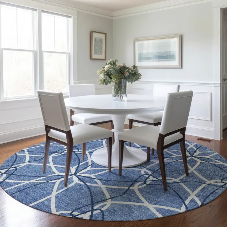 8' Denim Blue And Ivory Round Geometric Washable Indoor Outdoor Area Rug