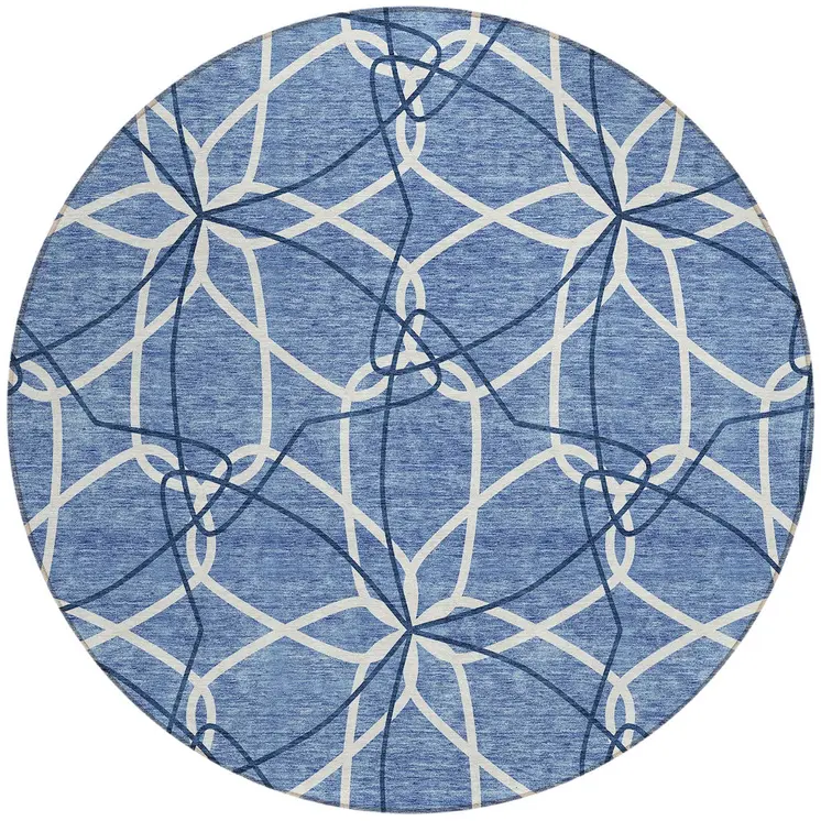 8' Denim Blue And Ivory Round Geometric Washable Indoor Outdoor Area Rug