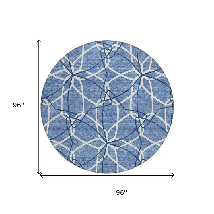 8' Denim Blue And Ivory Round Geometric Washable Indoor Outdoor Area Rug
