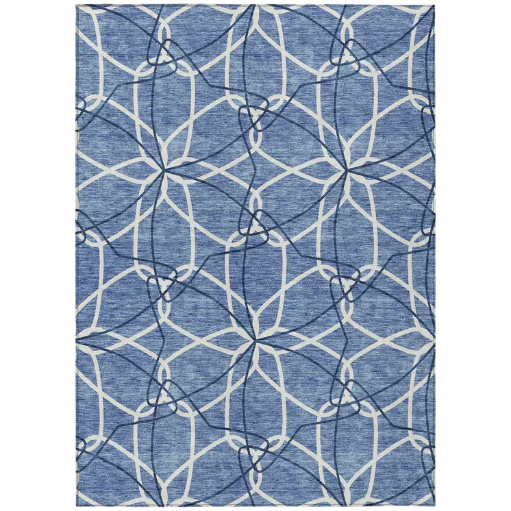 8' X 10' Denim Blue And Ivory Geometric Washable Indoor Outdoor Area Rug