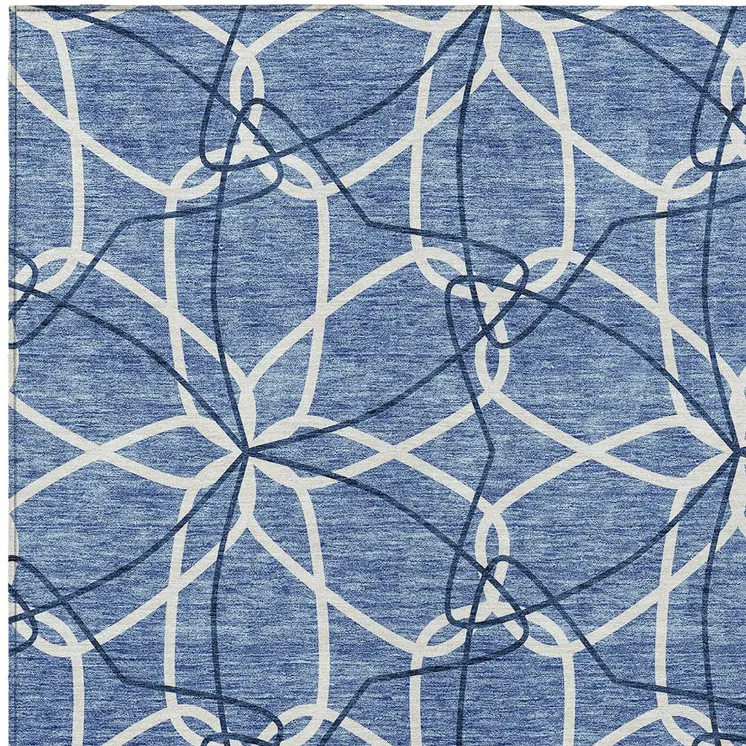 9' X 12' Denim Blue And Ivory Geometric Washable Indoor Outdoor Area Rug