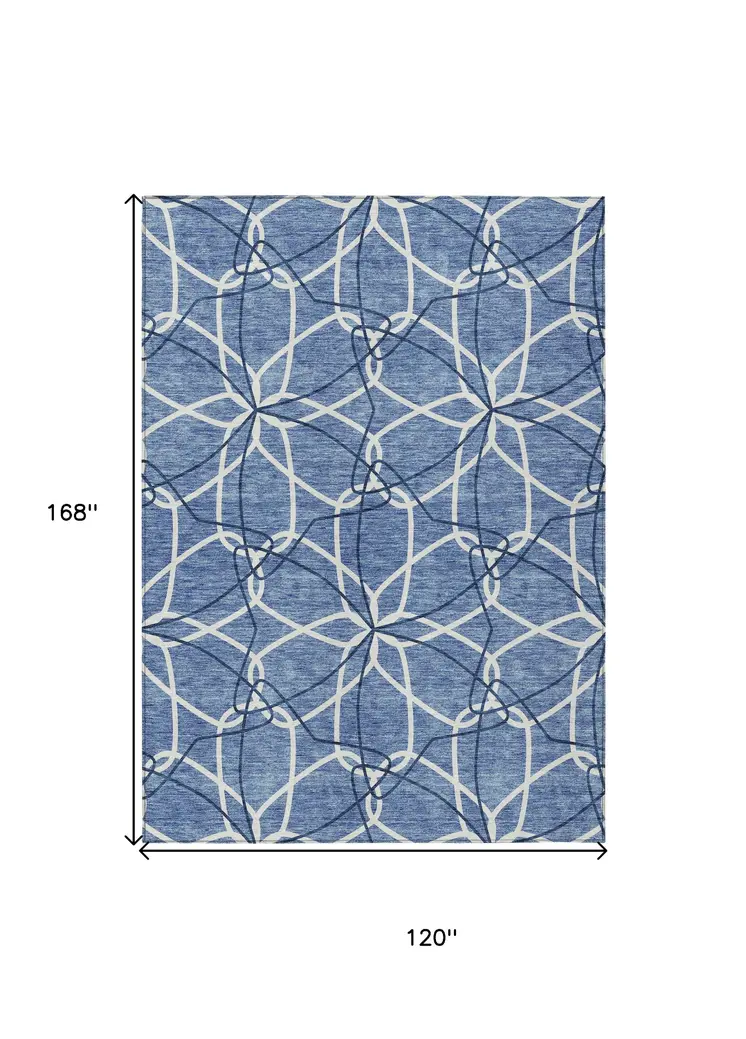 10' X 14' Denim Blue And Ivory Geometric Washable Indoor Outdoor Area Rug
