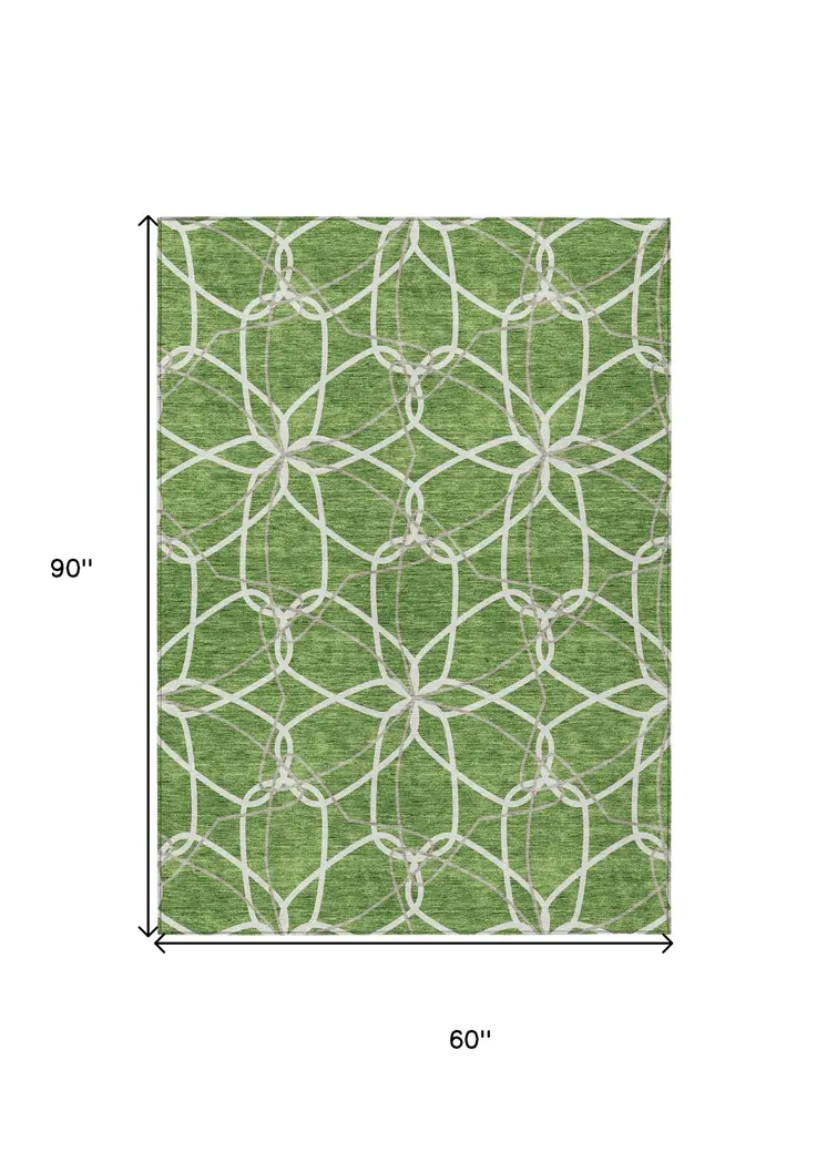 5' X 8' Green And Ivory Geometric Washable Indoor Outdoor Area Rug