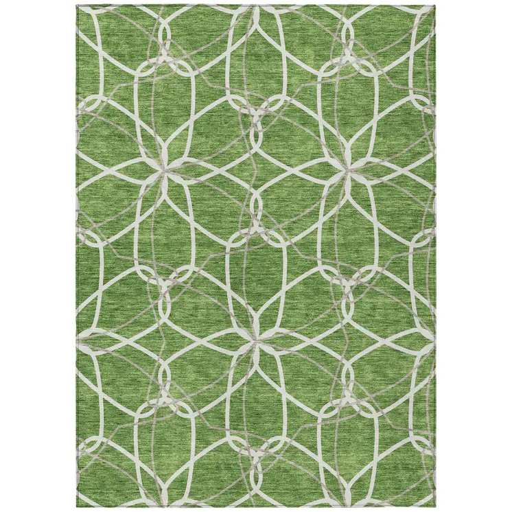 5' X 8' Green And Ivory Geometric Washable Indoor Outdoor Area Rug