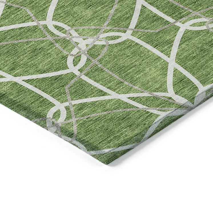 5' X 8' Green And Ivory Geometric Washable Indoor Outdoor Area Rug