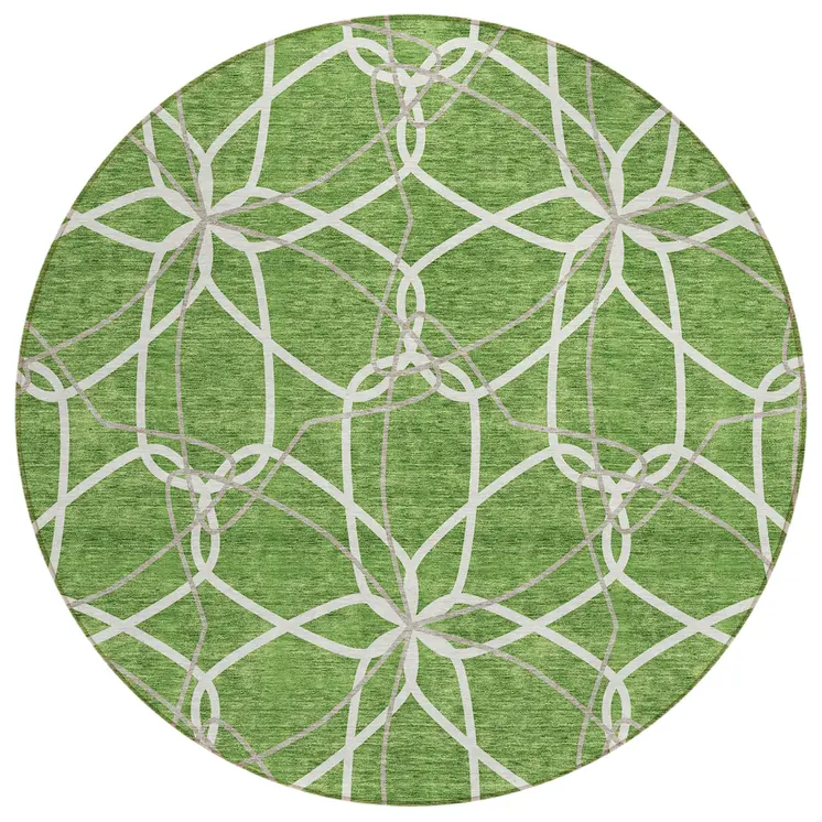 8' Green And Ivory Round Geometric Washable Indoor Outdoor Area Rug