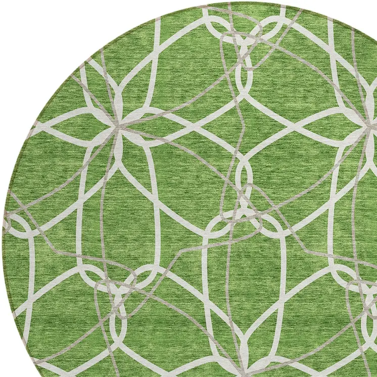 8' Green And Ivory Round Geometric Washable Indoor Outdoor Area Rug