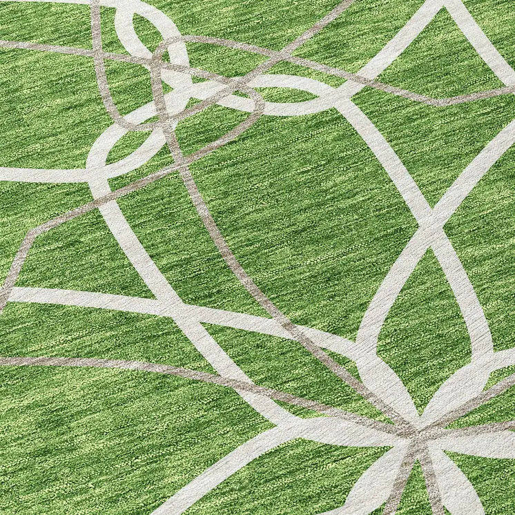 8' Green And Ivory Round Geometric Washable Indoor Outdoor Area Rug