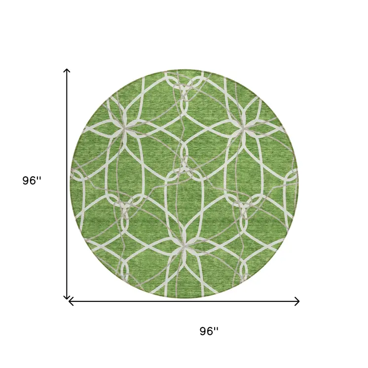 8' Green And Ivory Round Geometric Washable Indoor Outdoor Area Rug
