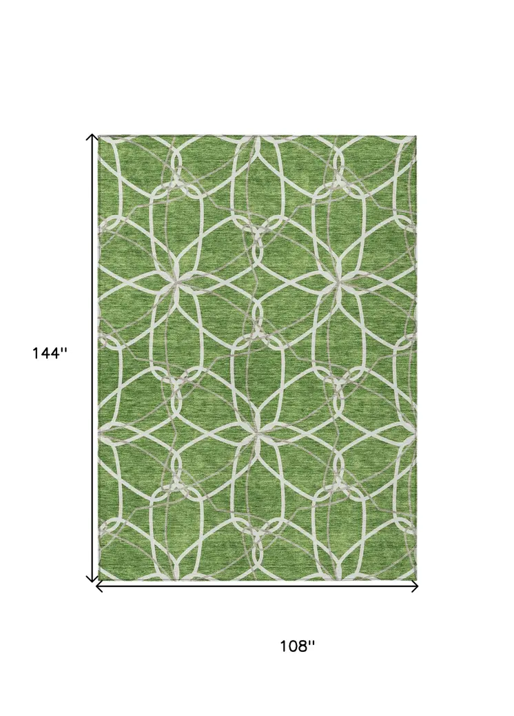 9' X 12' Green And Ivory Geometric Washable Indoor Outdoor Area Rug