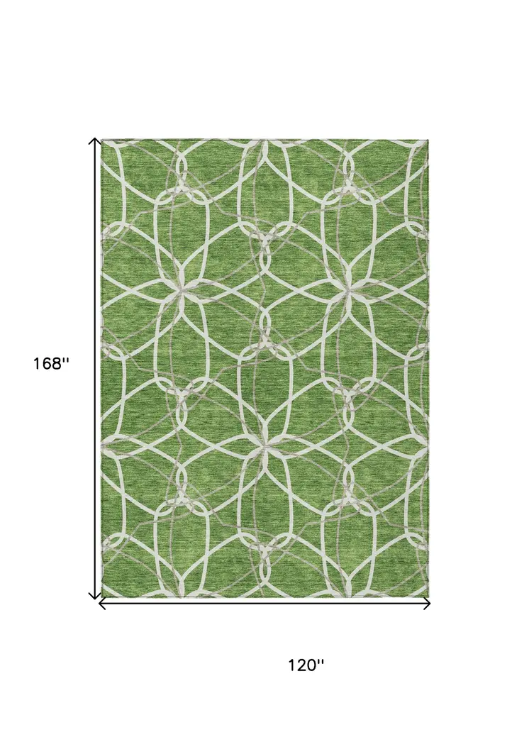 10' X 14' Green And Ivory Geometric Washable Indoor Outdoor Area Rug