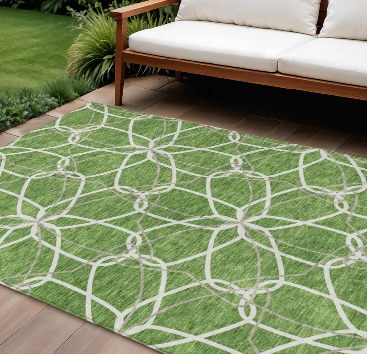 10' X 14' Green And Ivory Geometric Washable Indoor Outdoor Area Rug