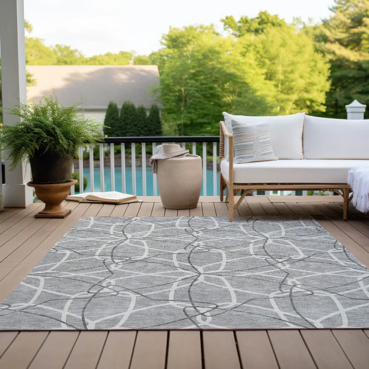 3' X 5' Gray And Ivory Geometric Washable Indoor Outdoor Area Rug