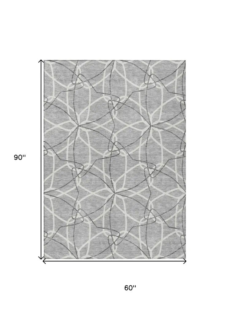 5' X 8' Gray And Ivory Geometric Washable Indoor Outdoor Area Rug