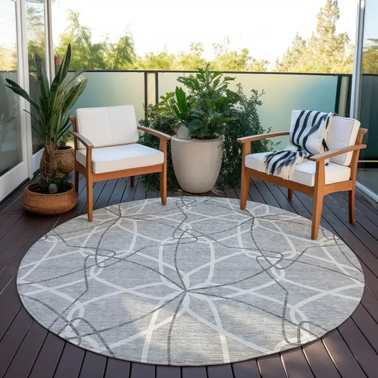8' Gray And Ivory Round Geometric Washable Indoor Outdoor Area Rug