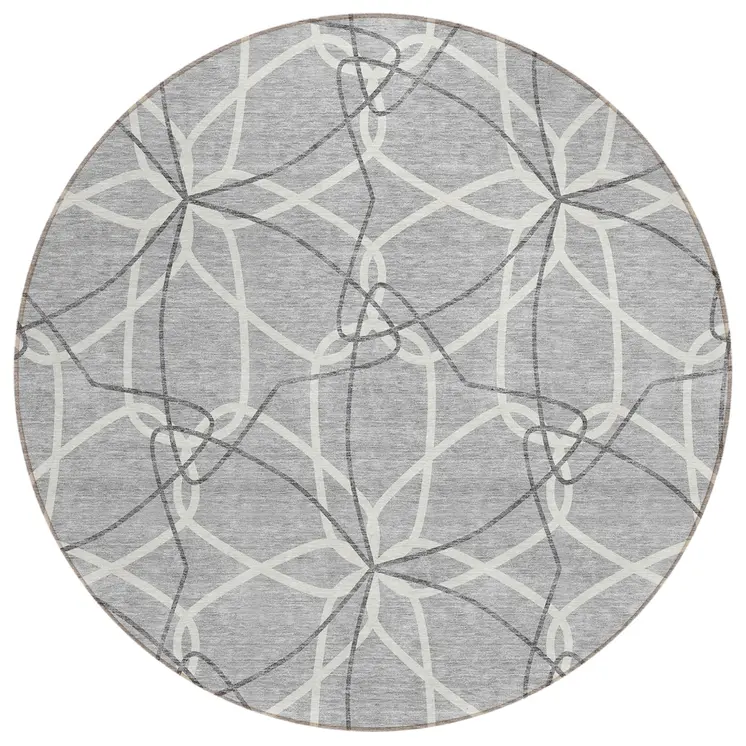 8' Gray And Ivory Round Geometric Washable Indoor Outdoor Area Rug