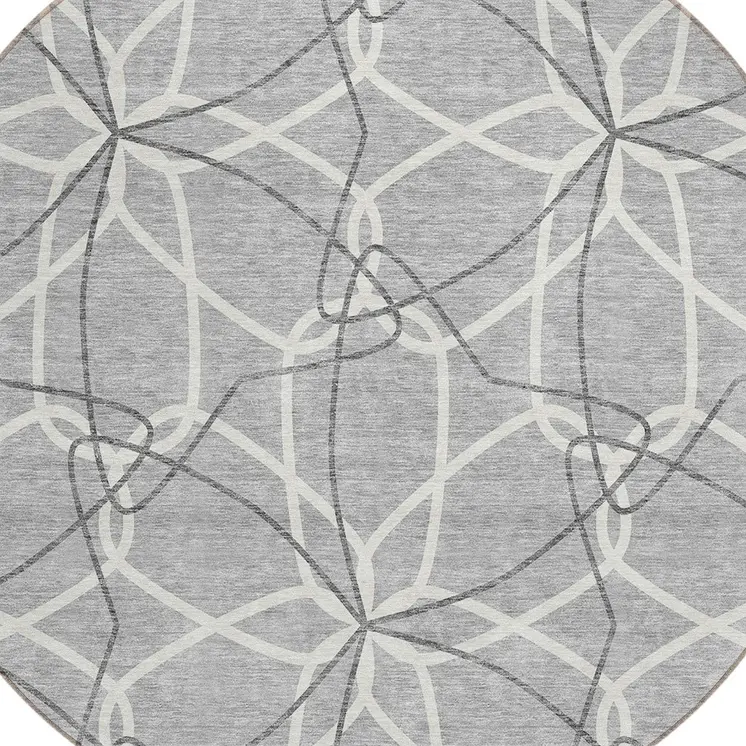 8' Gray And Ivory Round Geometric Washable Indoor Outdoor Area Rug