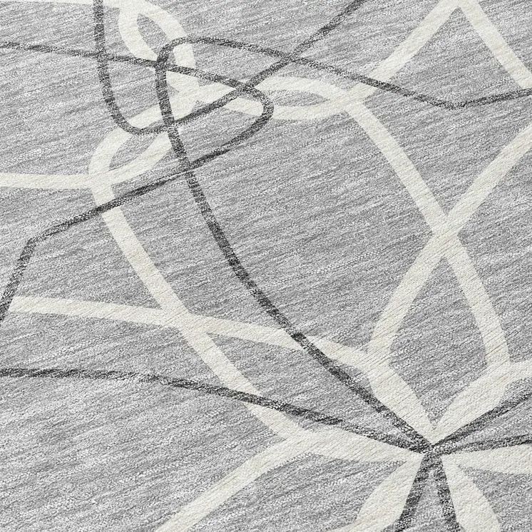 8' Gray And Ivory Round Geometric Washable Indoor Outdoor Area Rug