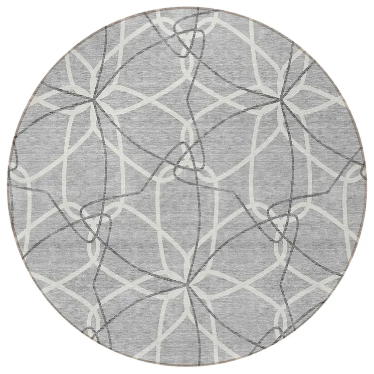 8' Gray And Ivory Round Geometric Washable Indoor Outdoor Area Rug