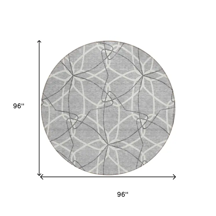 8' Gray And Ivory Round Geometric Washable Indoor Outdoor Area Rug