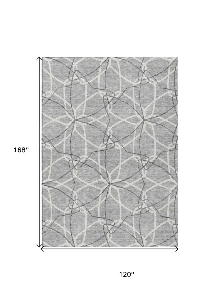 10' X 14' Gray And Ivory Geometric Washable Indoor Outdoor Area Rug