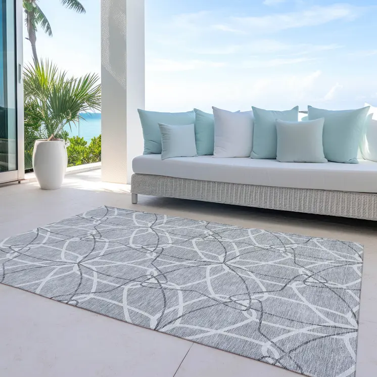 10' X 14' Gray And Ivory Geometric Washable Indoor Outdoor Area Rug