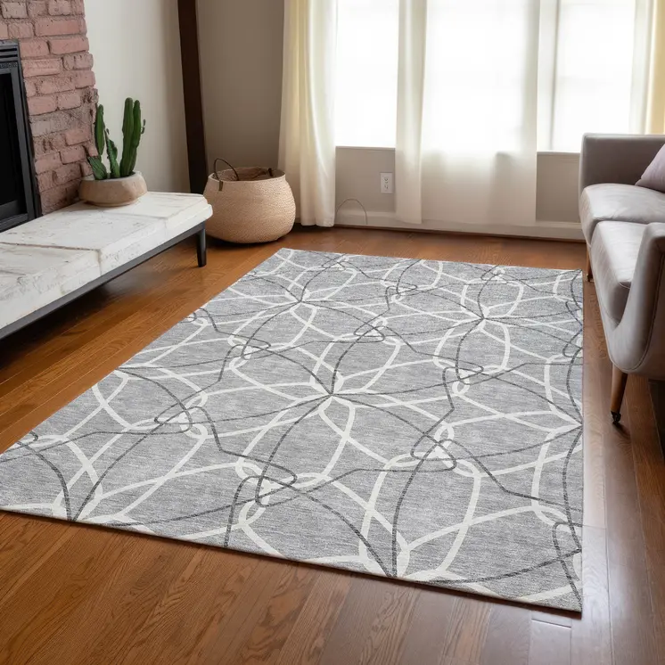 10' X 14' Gray And Ivory Geometric Washable Indoor Outdoor Area Rug